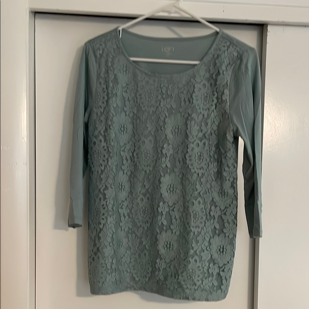 LOFT Green Lace Blouse 3/4 Sleeve